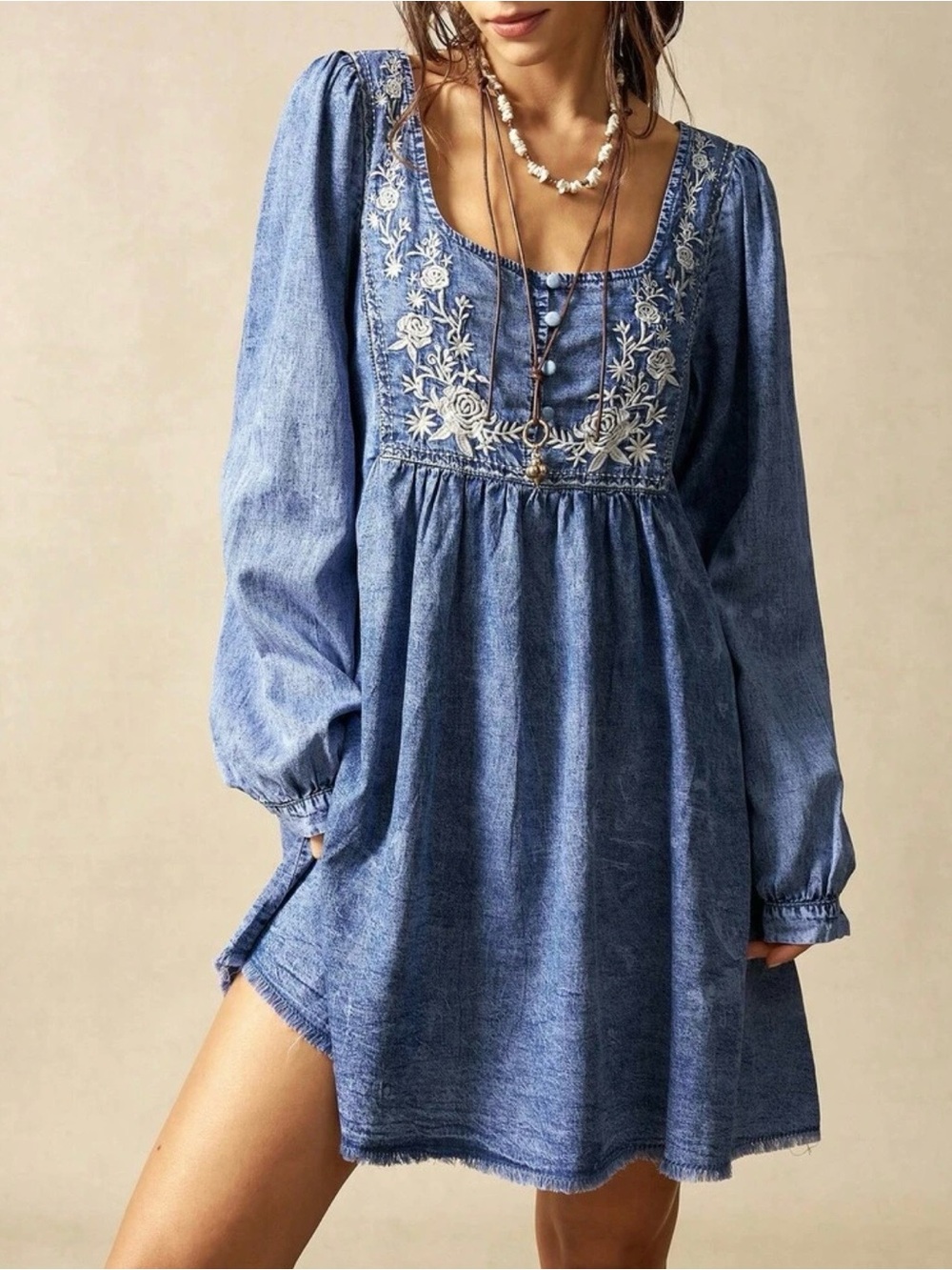Bohemela Womens Casual Woven Denim Blue Loose Long Sleeve Shirt Dress Size Small